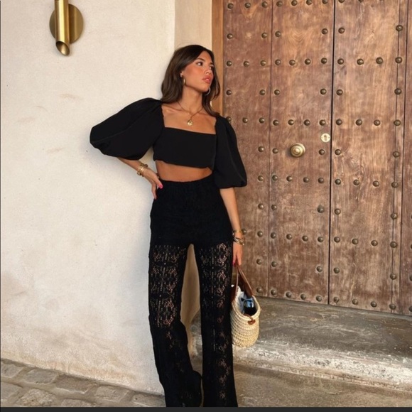 Zara crochet flared black knit pants beads and tassels - Picture 5 of 16